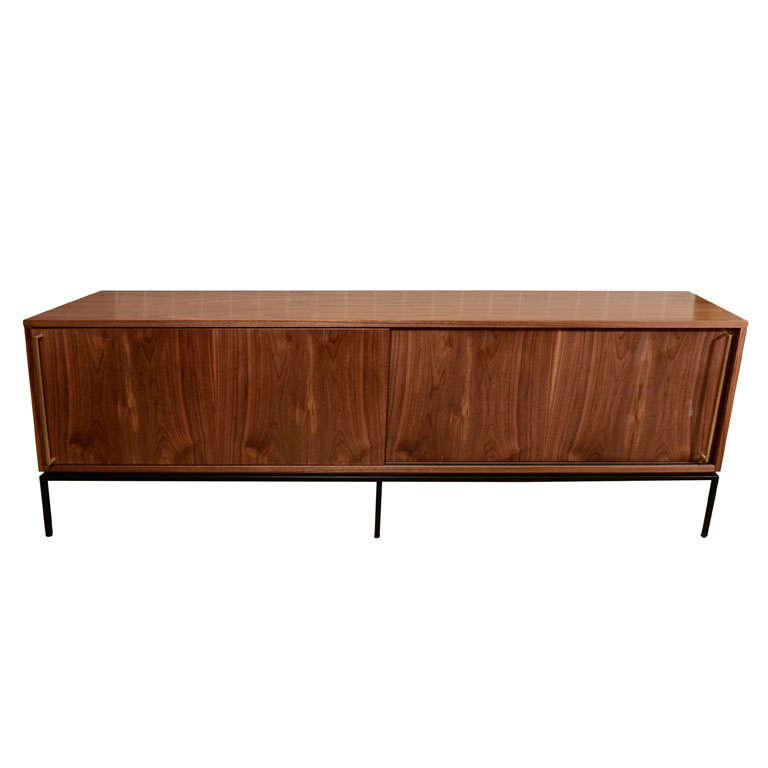 Walnut Sliding Door Credenza with Solid Brass Handles