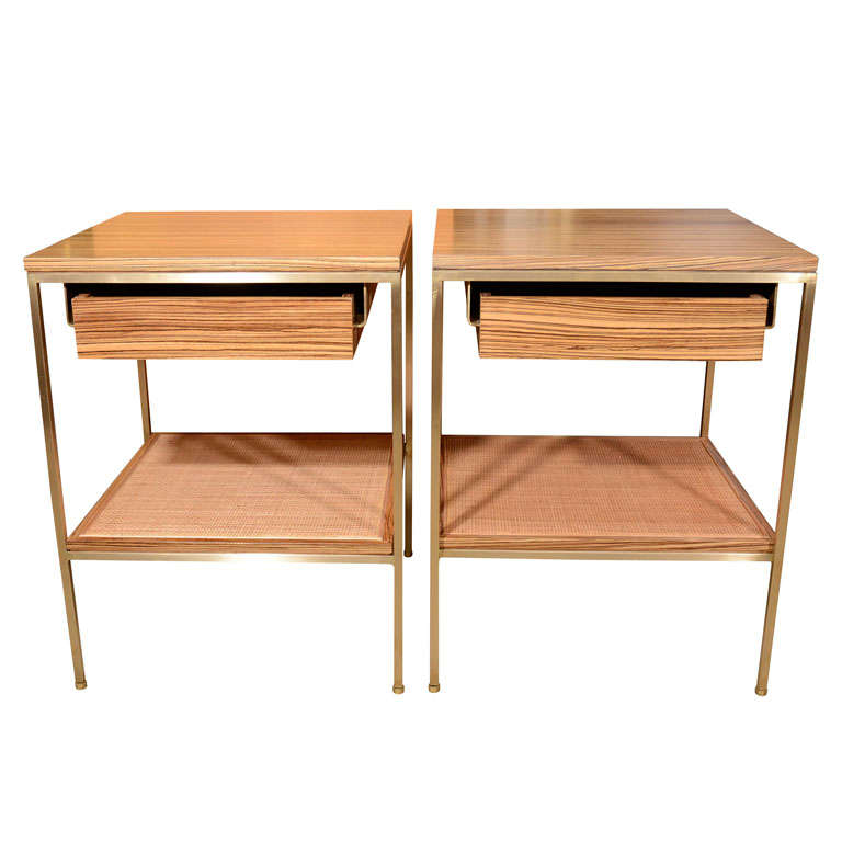 Zebra wood bedside tables with solid brass and cane shelves For Sale