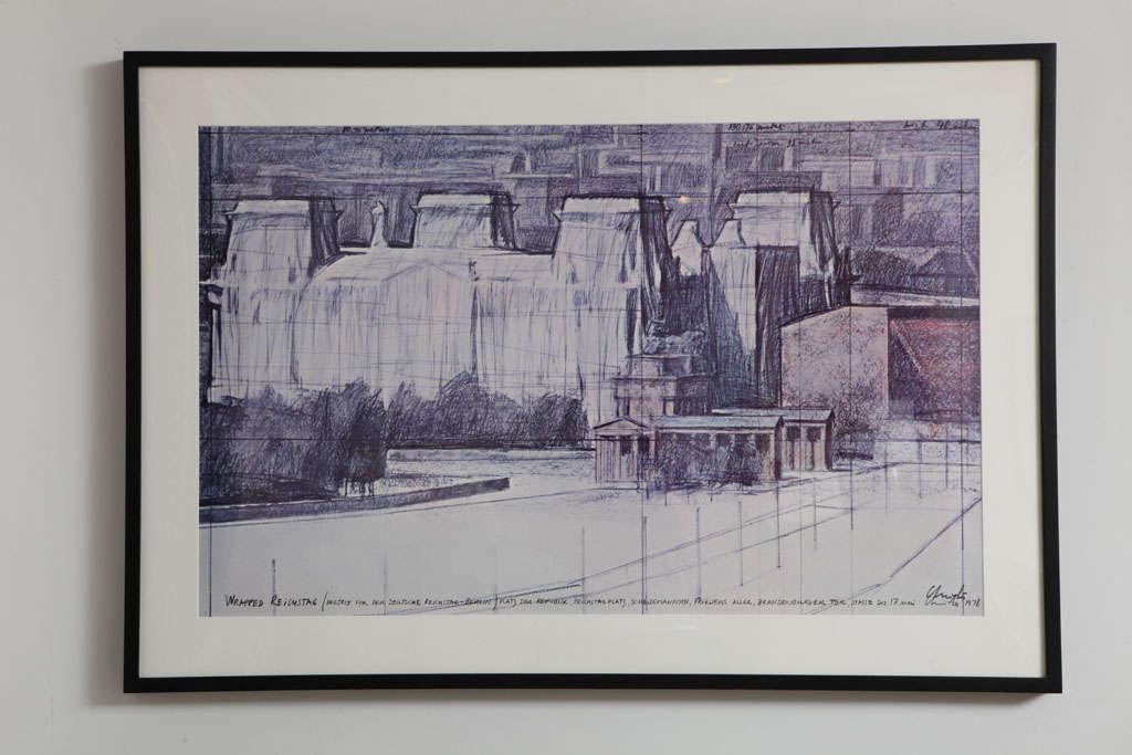 A signed Christo print, 1978

Titled - Wrapped Reichstag 

In an espresso stained wood frame.