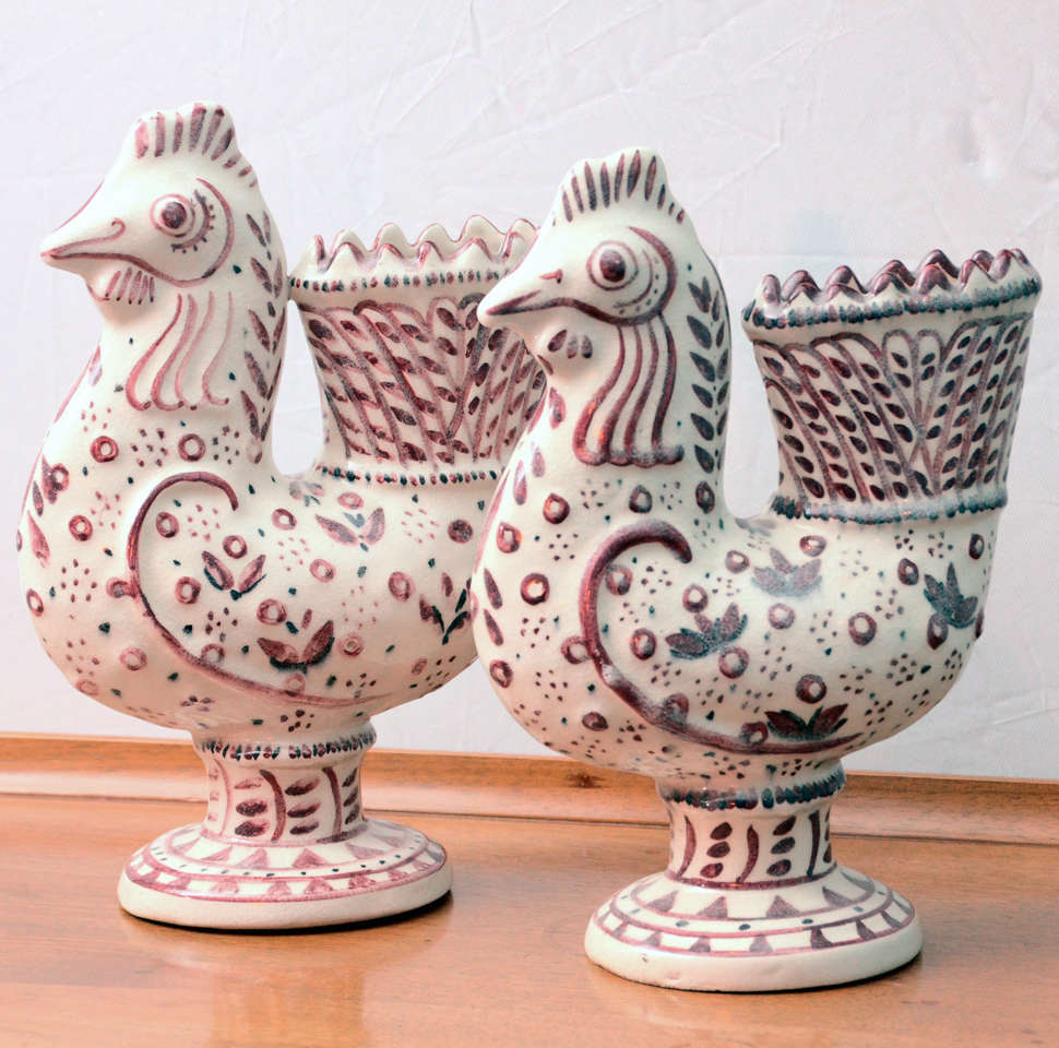 Molded Carl Walters Pair of Faience Roosters, Mid-20th Century For Sale