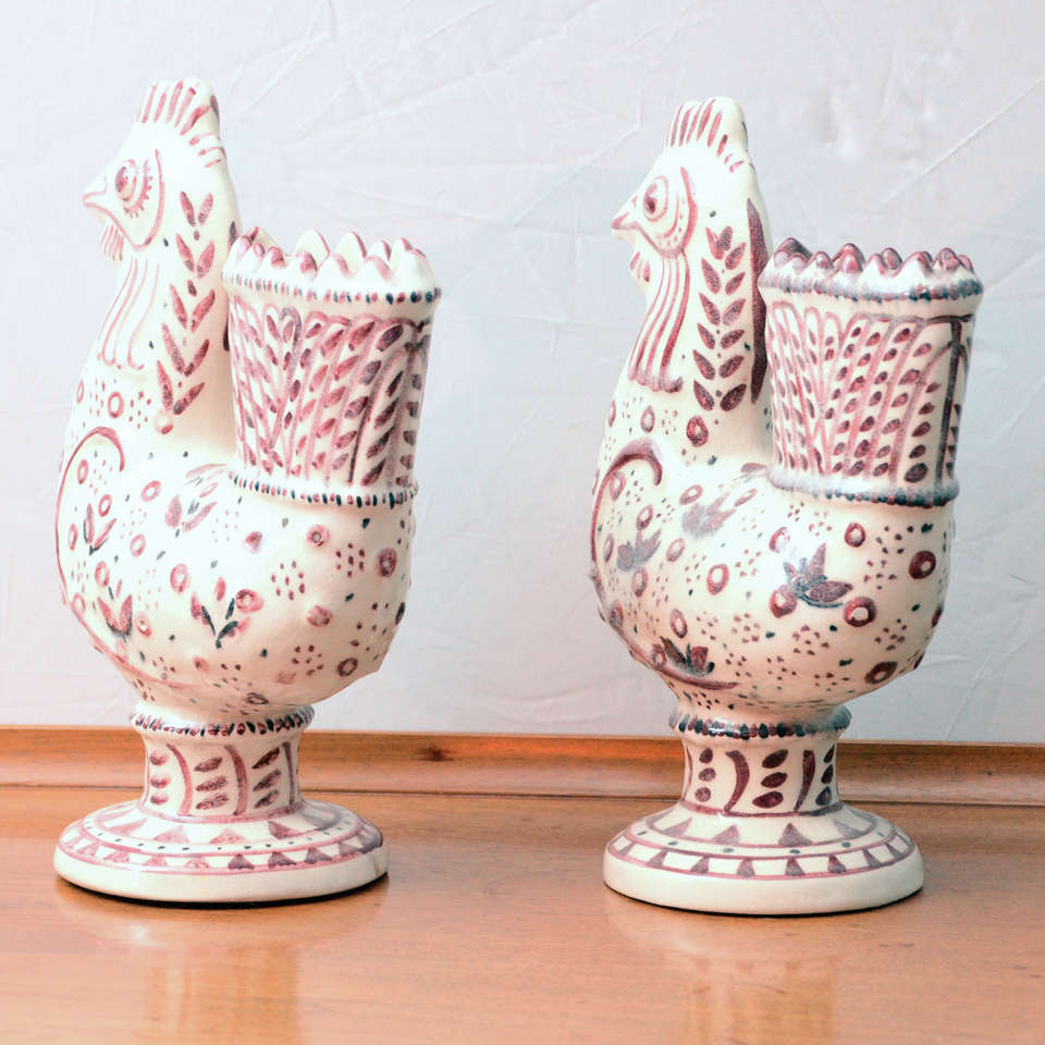 Carl Walters Pair of Faience Roosters, Mid-20th Century In Excellent Condition For Sale In Southampton, NY