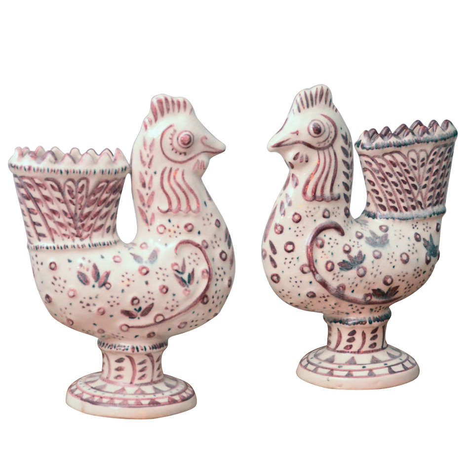 Carl Walters Pair of Faience Roosters, Mid-20th Century For Sale