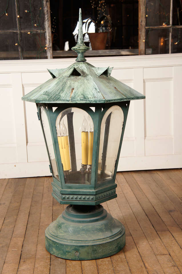 beautiful 19th c  pair of japanesque influenced hexagonal lanterns - in solid brass - thick beveled glass panels with door - old faux verdigris applied surface - newly installed candelabra lighting and wiring