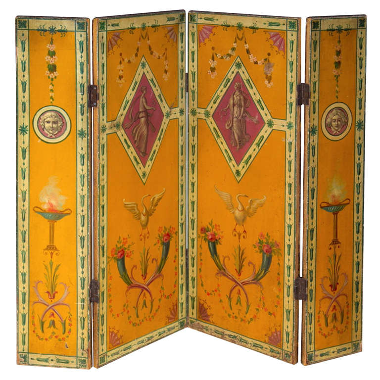 Continental Four Fold Painted Screen, probably French,  early 20th century. For Sale