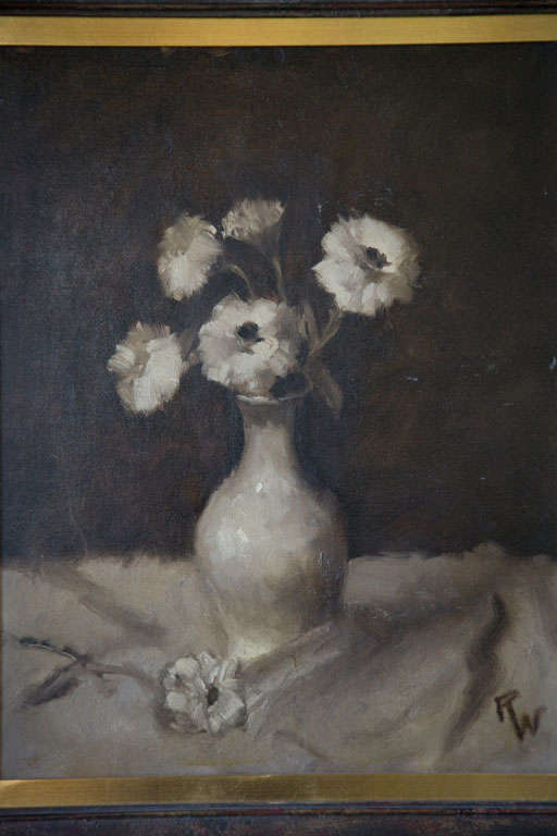 Beautiful sepia tone floral still life oil painting.