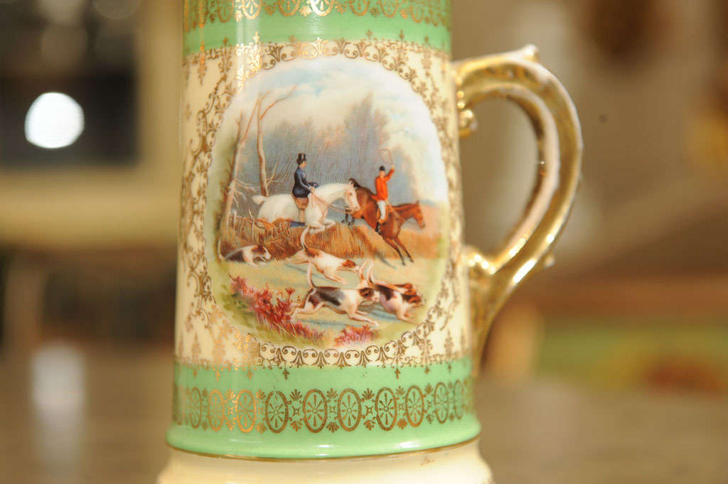 19th Century Parcel Gilt and Painted Enamel Porcelain ‘Hunt Scene’ Tankard