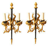 Pair: Empire Style Painted, Gilt Bronze Mounted Two-Lite Sconces