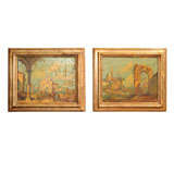 Antique 19th c. Pair of Continental Framed Landscapes Oil on Canvas