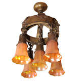 Antique Killer Arts and Crafts Chandelier with Original Carnival Shades