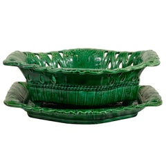 A Green Glazed Pierced Majolica Basket and Stand
