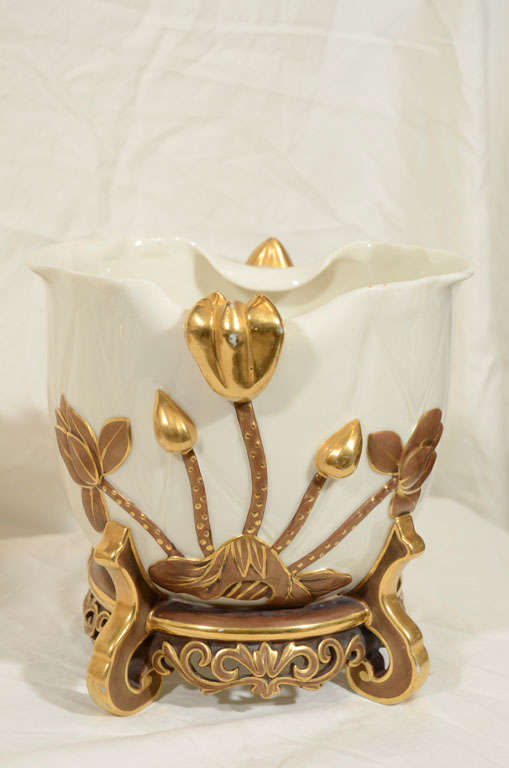 A Pair of White and Gold Royal Worcester Antique Porcelain Cache Pots at 1stDibs