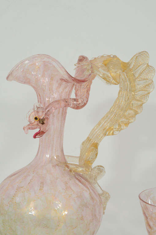 A Venetian Glass dragon pitcher with two matching goblets. For Sale 4