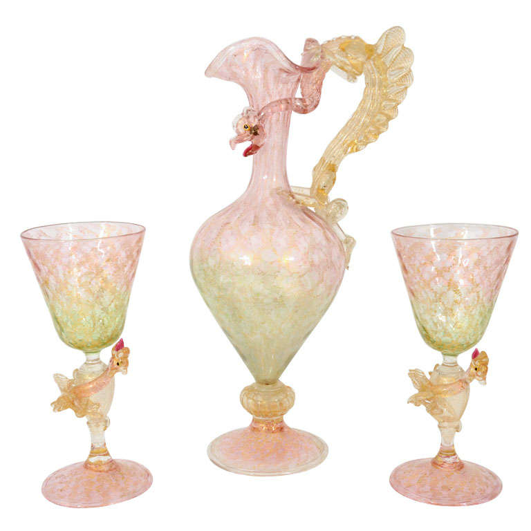 A Venetian Glass dragon pitcher with two matching goblets. For Sale