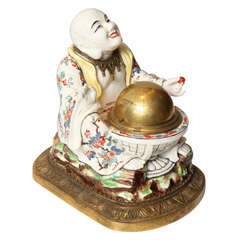 Antique Bronze and Porcelain Chinoiseri style Inkwell