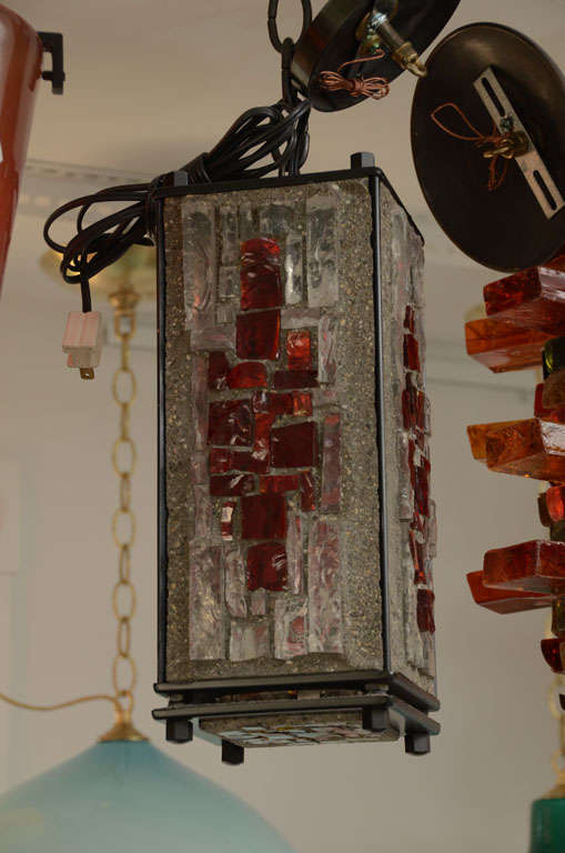 Mosaic pendant with red & white frosted glass and burnished metal with footed base.