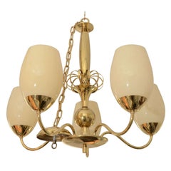 Five-Arm Brass Chandelier with Opaque Glass Globes