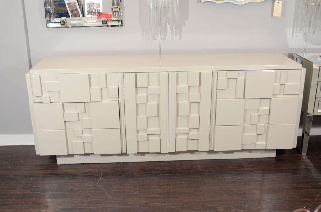 White lacquered Lane Furniture Brutalist dresser in the manner of Paul Evans. This vintage dresser can be re-lacquered in any colors, or custom order is available in different sizes and colors.