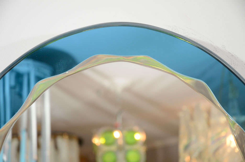 Modern Custom Oval Wave Mirror in Cerulean Blue Mirror Frame For Sale