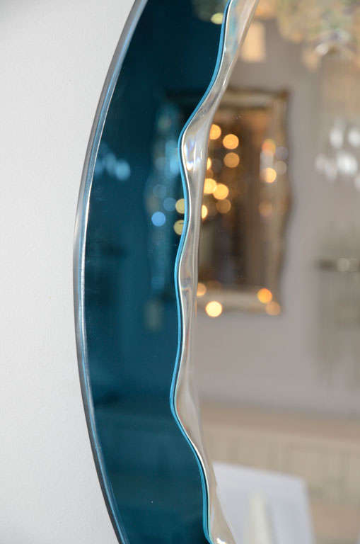 American Custom Oval Wave Mirror in Cerulean Blue Mirror Frame For Sale
