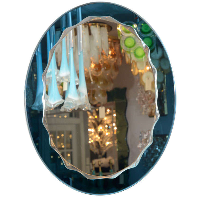 Maßgefertigter ovaler Wave-Spiegel in keramischem blauem Spiegelrahmen im Angebot
