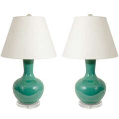 Vintage Pair Green Chinese Crackle Vase Lamps, Late 20th Century