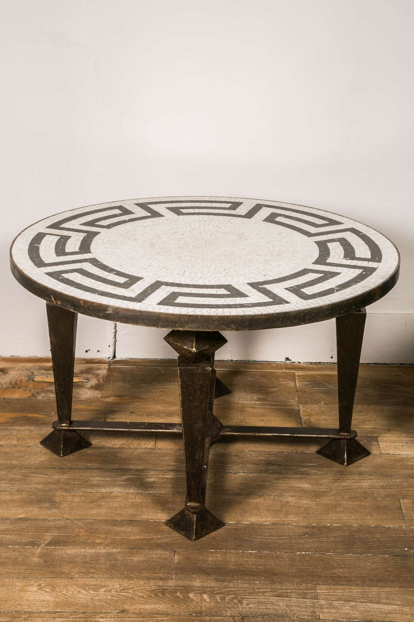 Iron Pair of Neoclassical Mosaic Top Tables on Metal Base