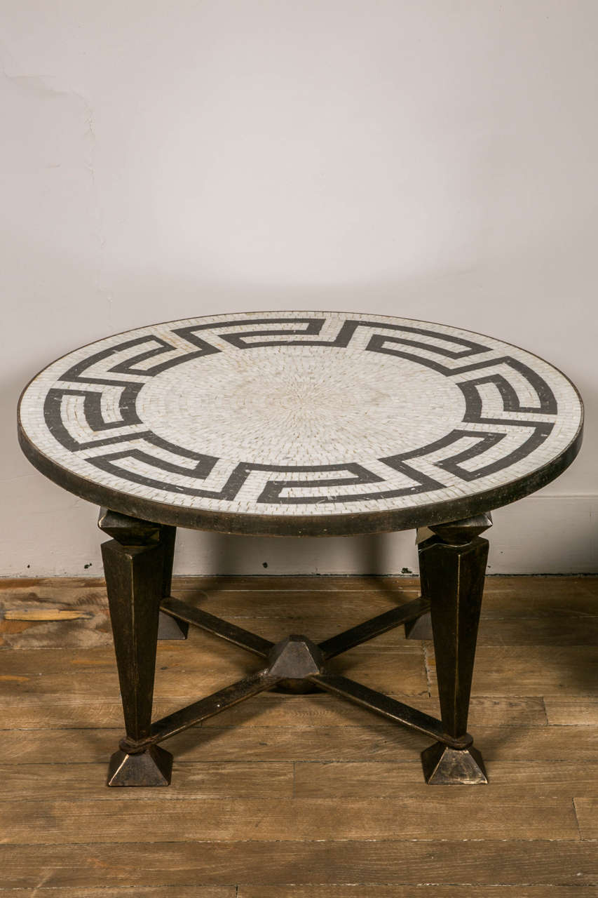 Pair of Neoclassical Mosaic Top Tables on Metal Base 2
