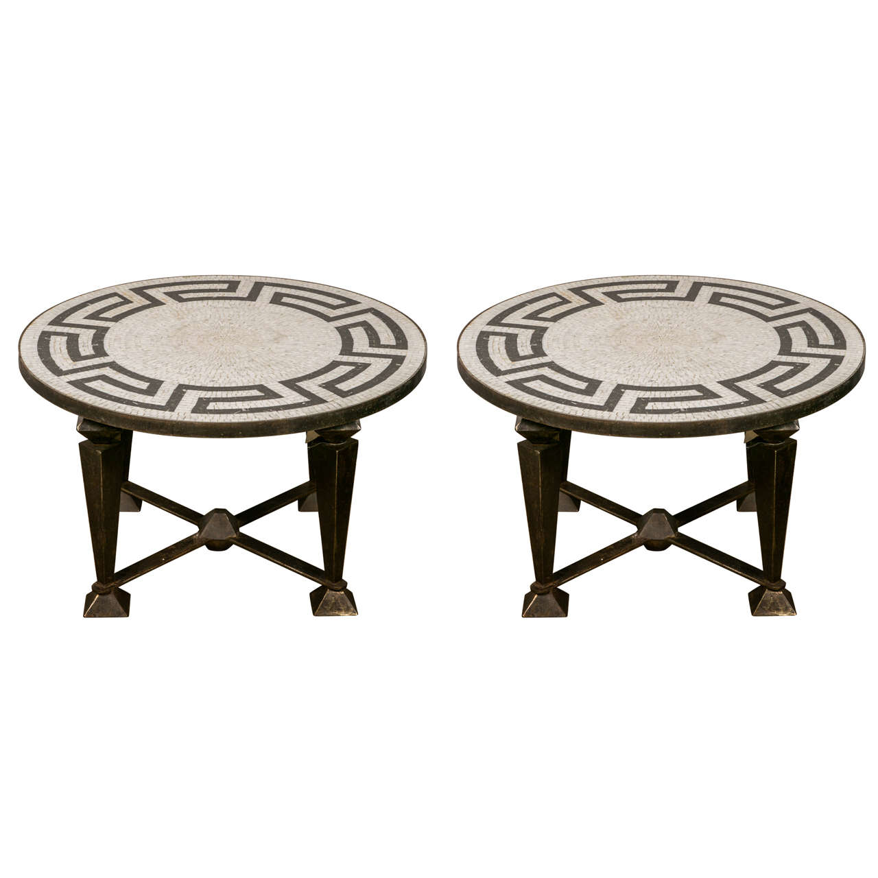 Pair of Neoclassical Mosaic Top Tables on Metal Base