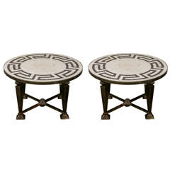 Pair of Neoclassical Mosaic Top Tables on Metal Base