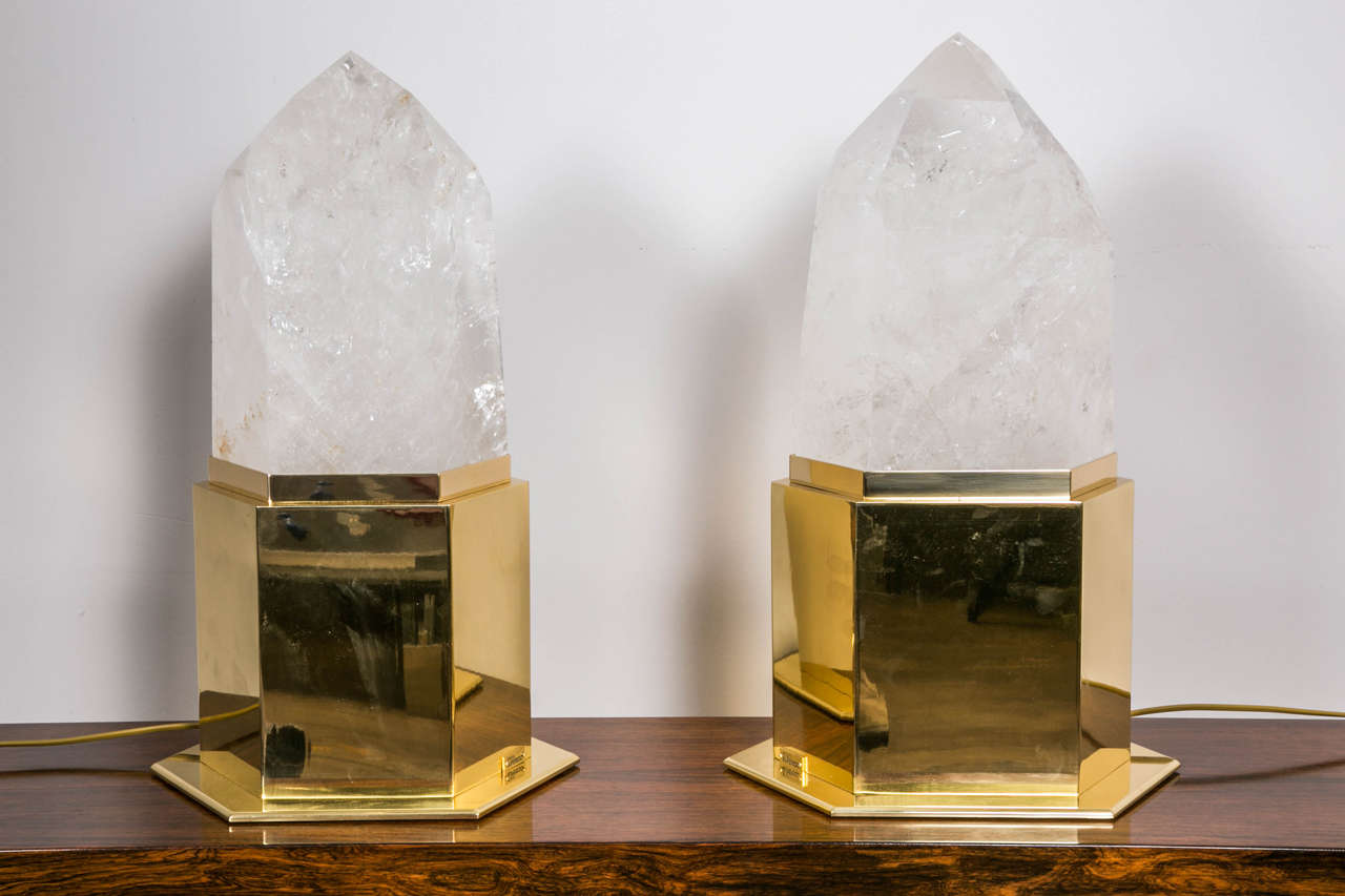 A pair of rock crystal obelisks mounted as table lamps, designed by Superego .