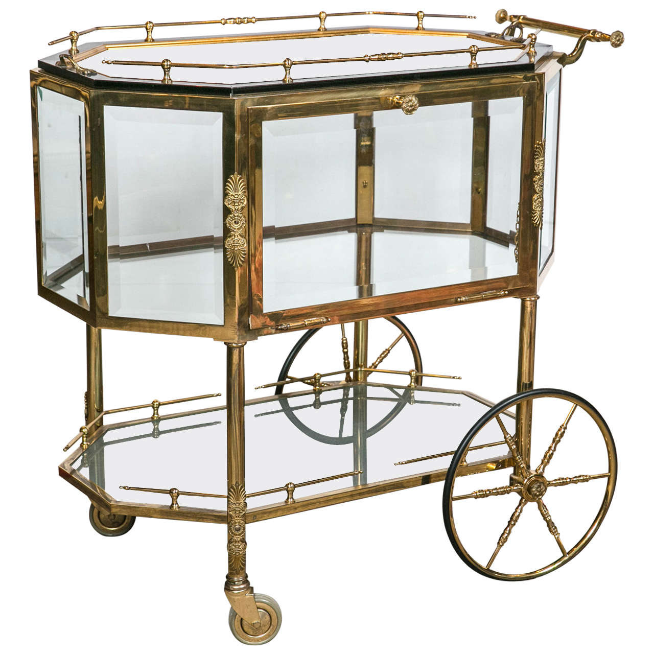 Beveled Glass Bronze and Brass Tea Wagon or Serving Cart