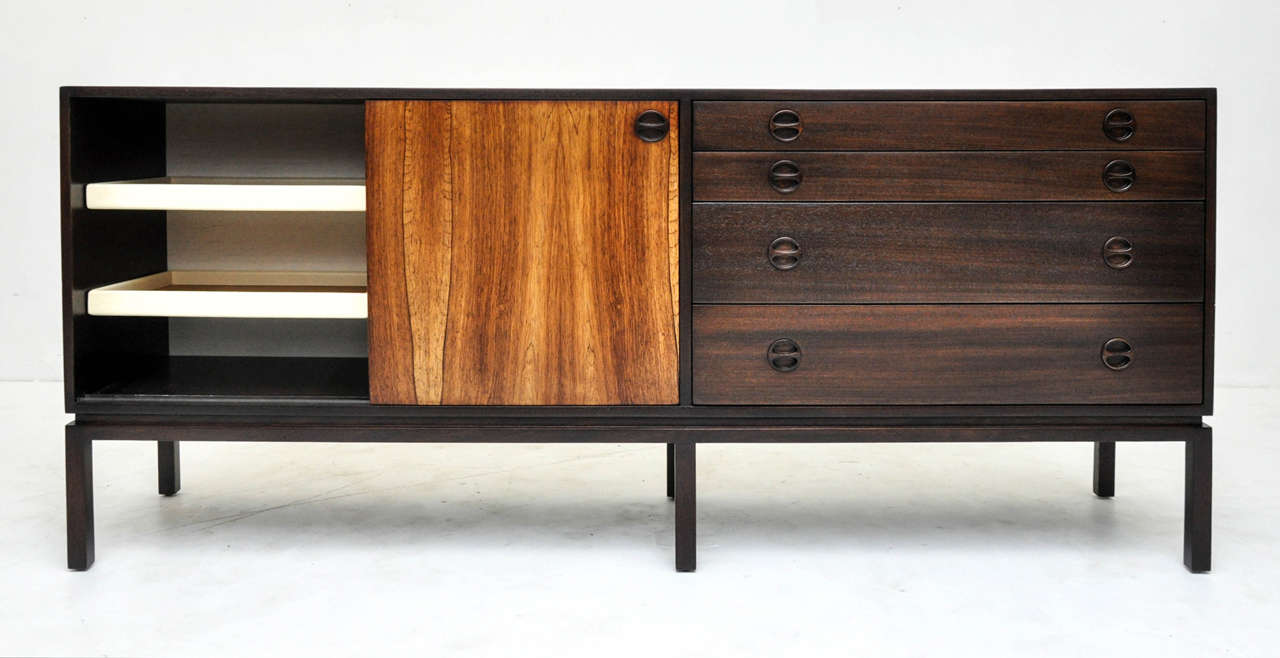 Mahogany sideboard with bleached rosewood doors. Designed by Harvey Probber, circa 1960s. Fully restored and refinished.