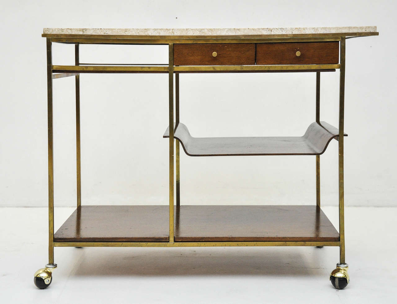 Bar serving cart by Paul McCobb. Original dark finish mahogany with brass frame and travertine top.