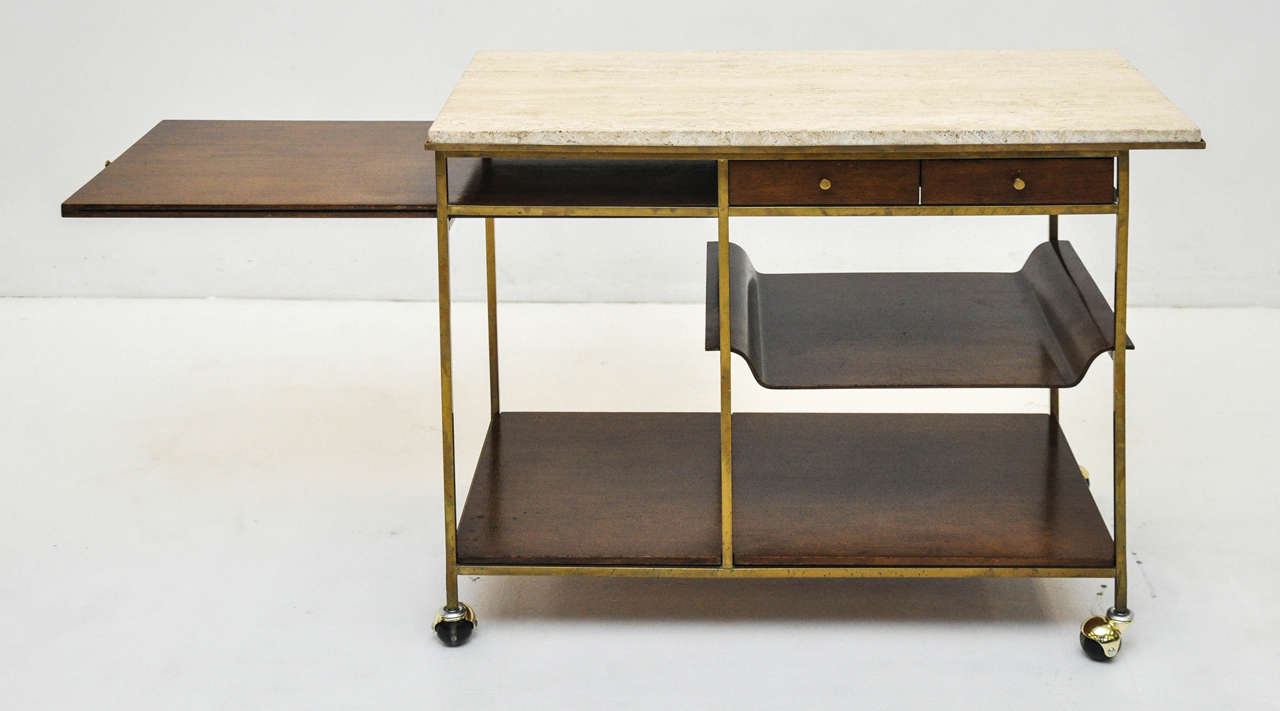 20th Century Travertine and Brass Bar Serving Cart by Paul McCobb