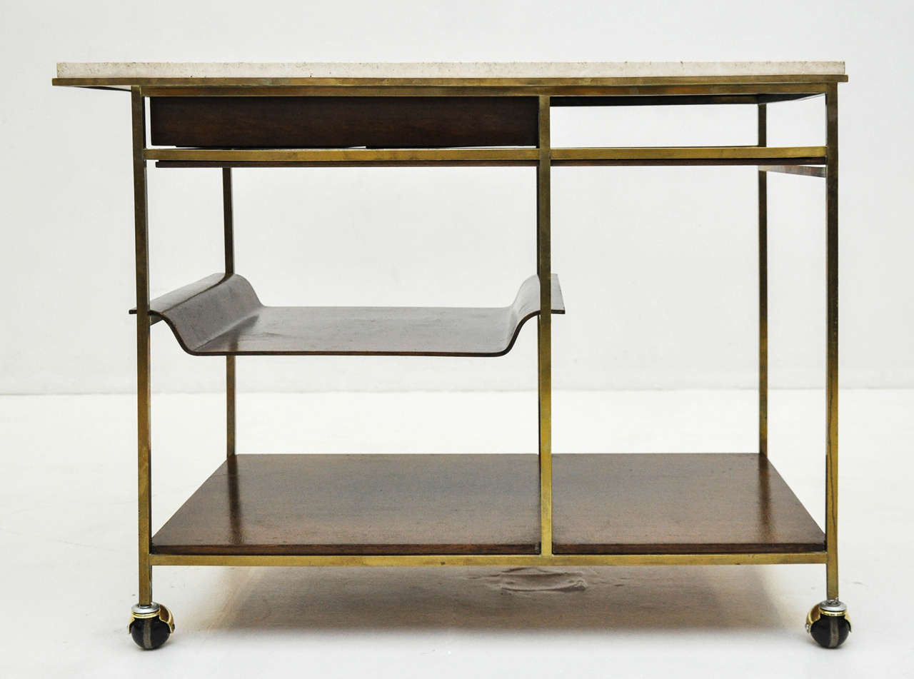 Travertine and Brass Bar Serving Cart by Paul McCobb 2