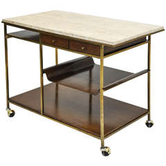 Travertine and Brass Bar Serving Cart by Paul McCobb