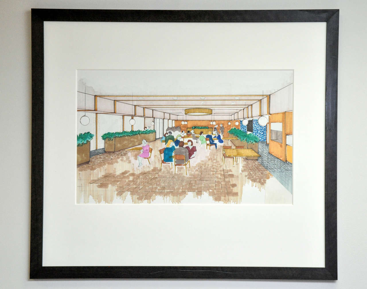 Nicely detailed rendering that has been water colored by the artist. Scene depicts groups of people meeting in a lobby. Newly framed and matted. Unsigned.