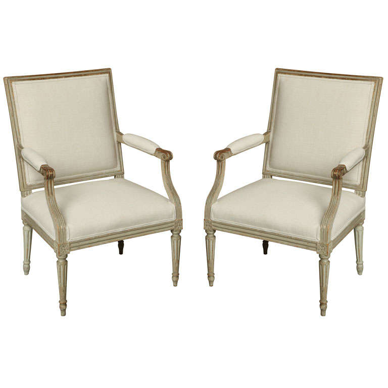 Pair of Cream Painted Square Back Louis XVI Period Fauteuils