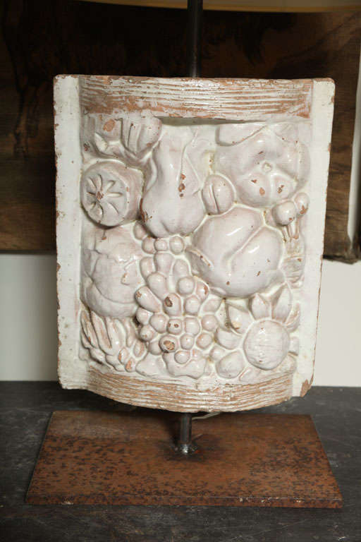 French Pair of White Faience Table Lamps with Fruit Decoration Panel For Sale