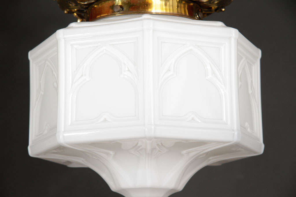 Edwardian milk glass pendant with brass crown For Sale 2