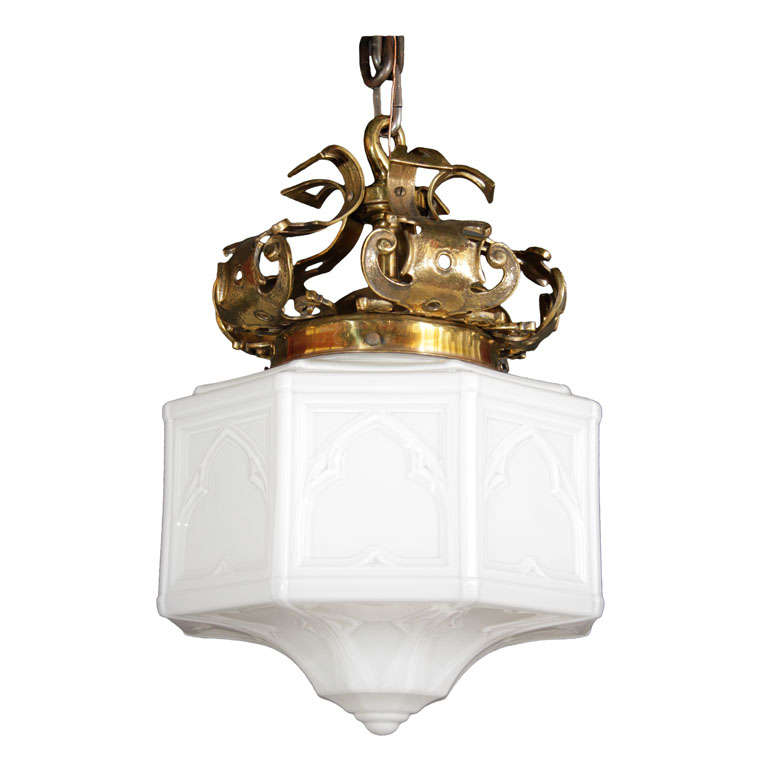 Edwardian milk glass pendant with brass crown For Sale
