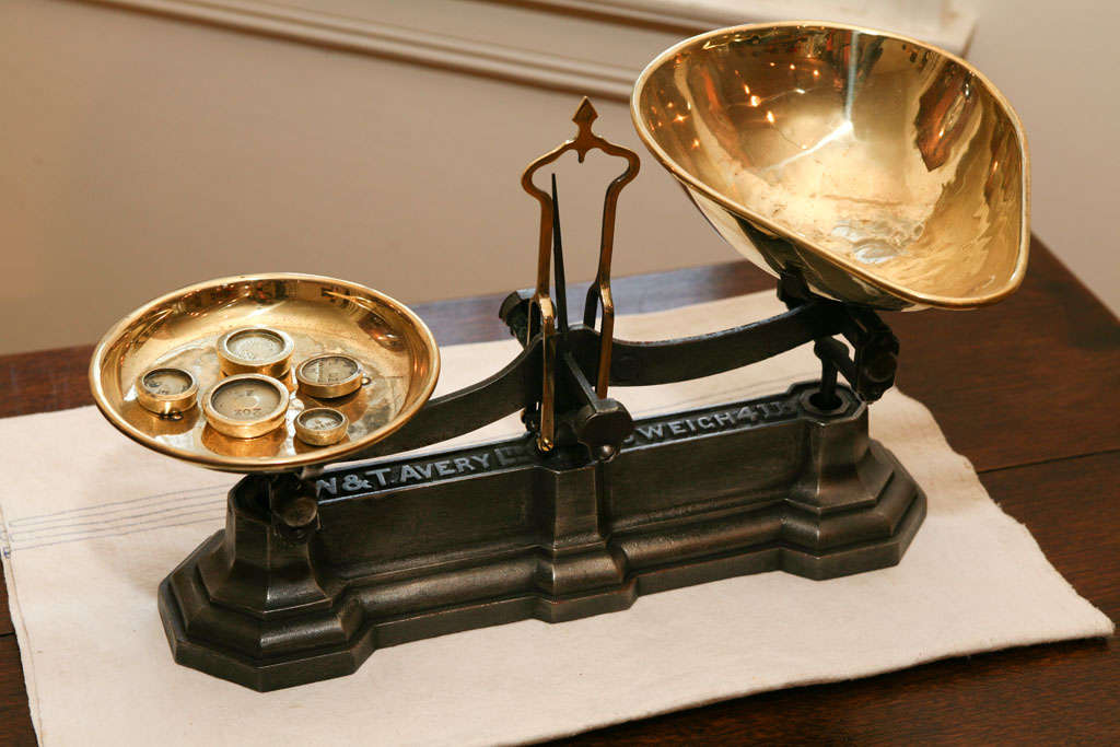 This Original Avery English scale is part of a constant collection Painted Porch has . We believe scales can be displayed on any piece of furniture in your home. this particular one has its original weights and two stunning brass trays. i could see