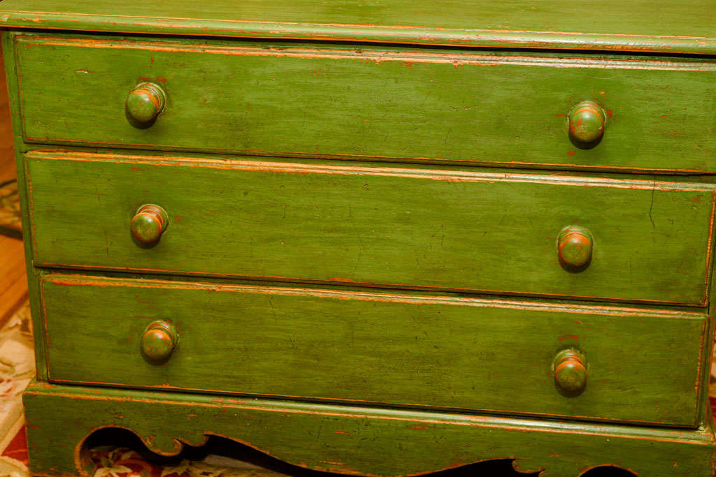 This low three drawer Canadian dresser is such a beautiful and useful piece. it is done in old light green paint and the drawers have wood pulls. At the end of a bed this piece would be perfect and so handy for storage. it would also be nice between