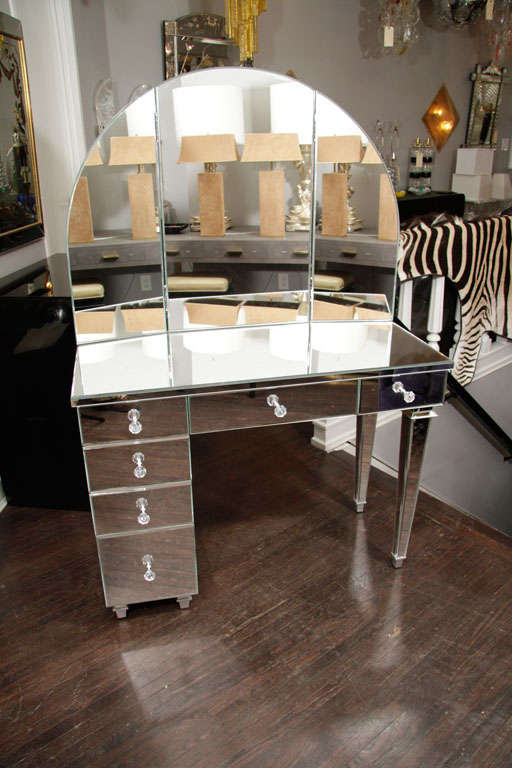Art Deco style mirrored vanity with triptych mirror. Customization available in different sizes,and hardware.