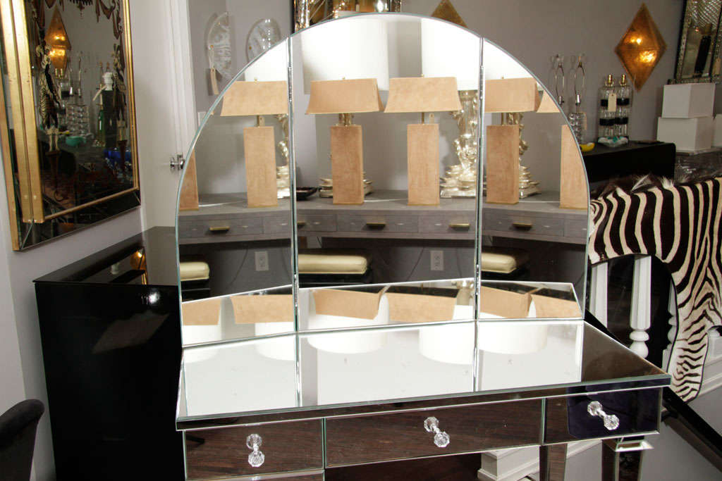Art Deco Style Mirrored Vanity with Triptych Mirror For Sale at 1stDibs