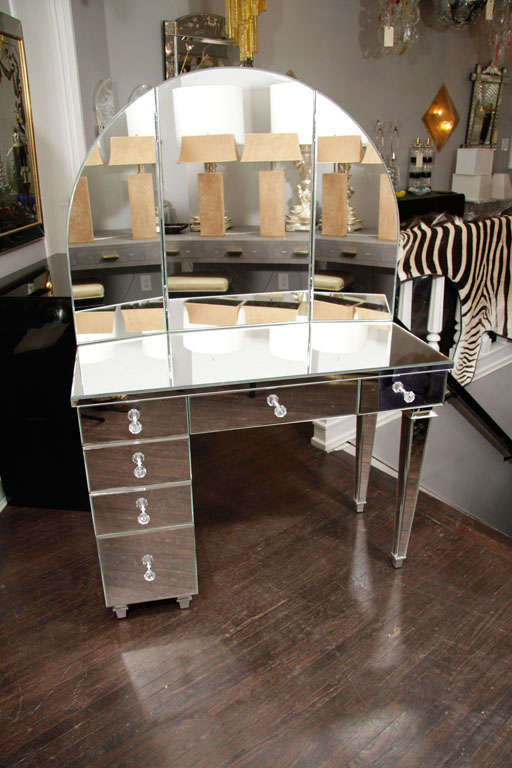 Art Deco Style Mirrored Vanity with Triptych Mirror For Sale at 1stDibs