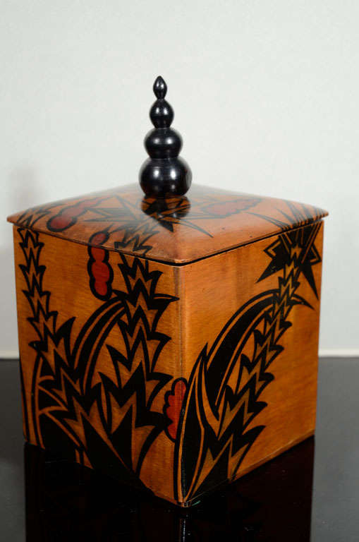 Small wooden, lidded box with finial top and painted floral decoration in black and red, Greman, 1920s
