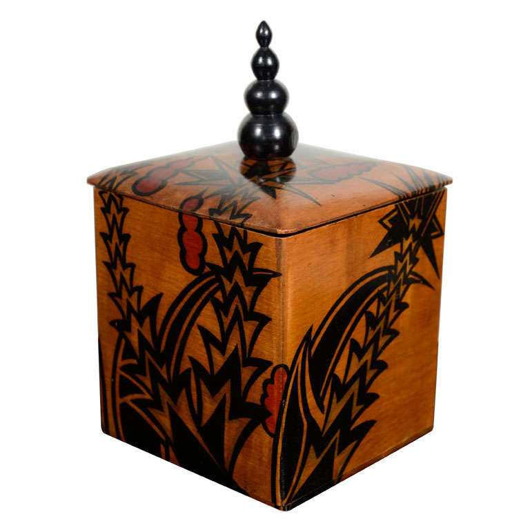 Painted German Wooden Box with Finial, 1920s