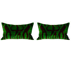 Pair of green and black velvet Ikat pillows