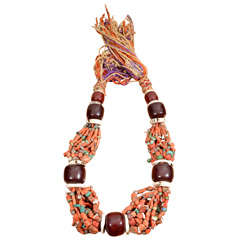 Antique Bride's Necklace in Coral, Amber, Turquoise & Conch Shell